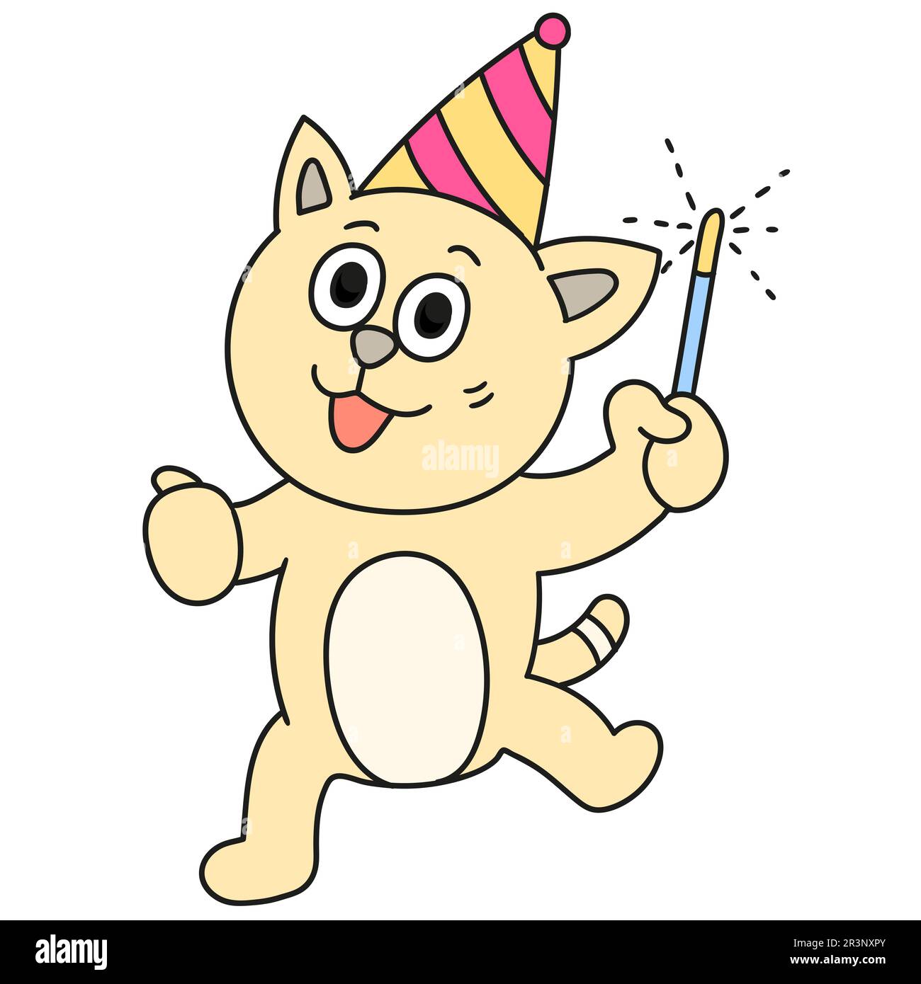 CAT feiert Silvesterparty. Bild des doodle-Symbols Stockfoto