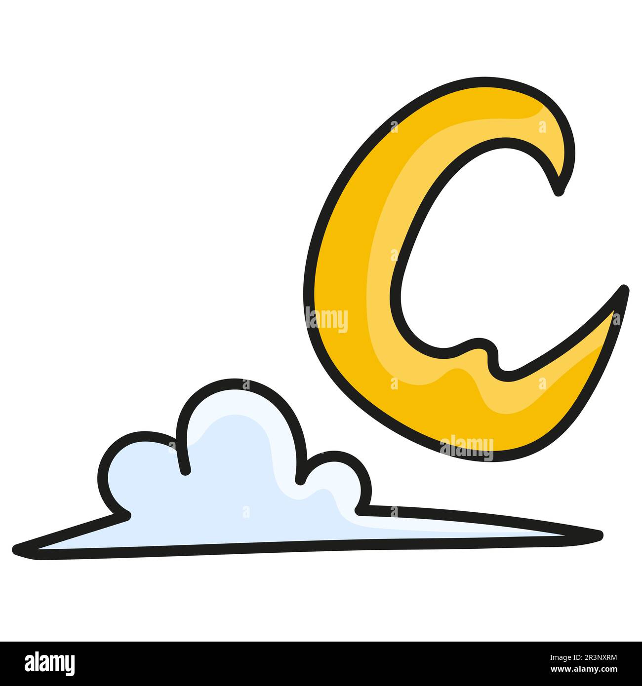 Kawaii-Doodle-Bild von Halbmond und bewölkten Wolken bei Nacht. Bild des doodle-Symbols Stockfoto