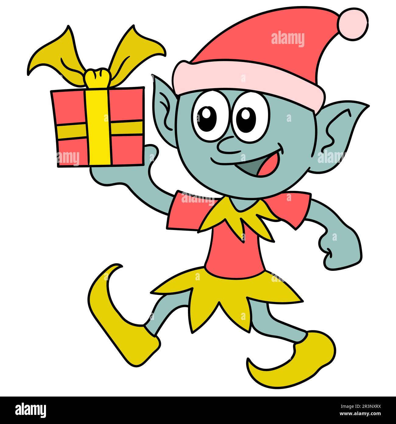 Der Kobold läuft mit einem Geburtstagsgeschenk. Bild des doodle-Symbols Stockfoto