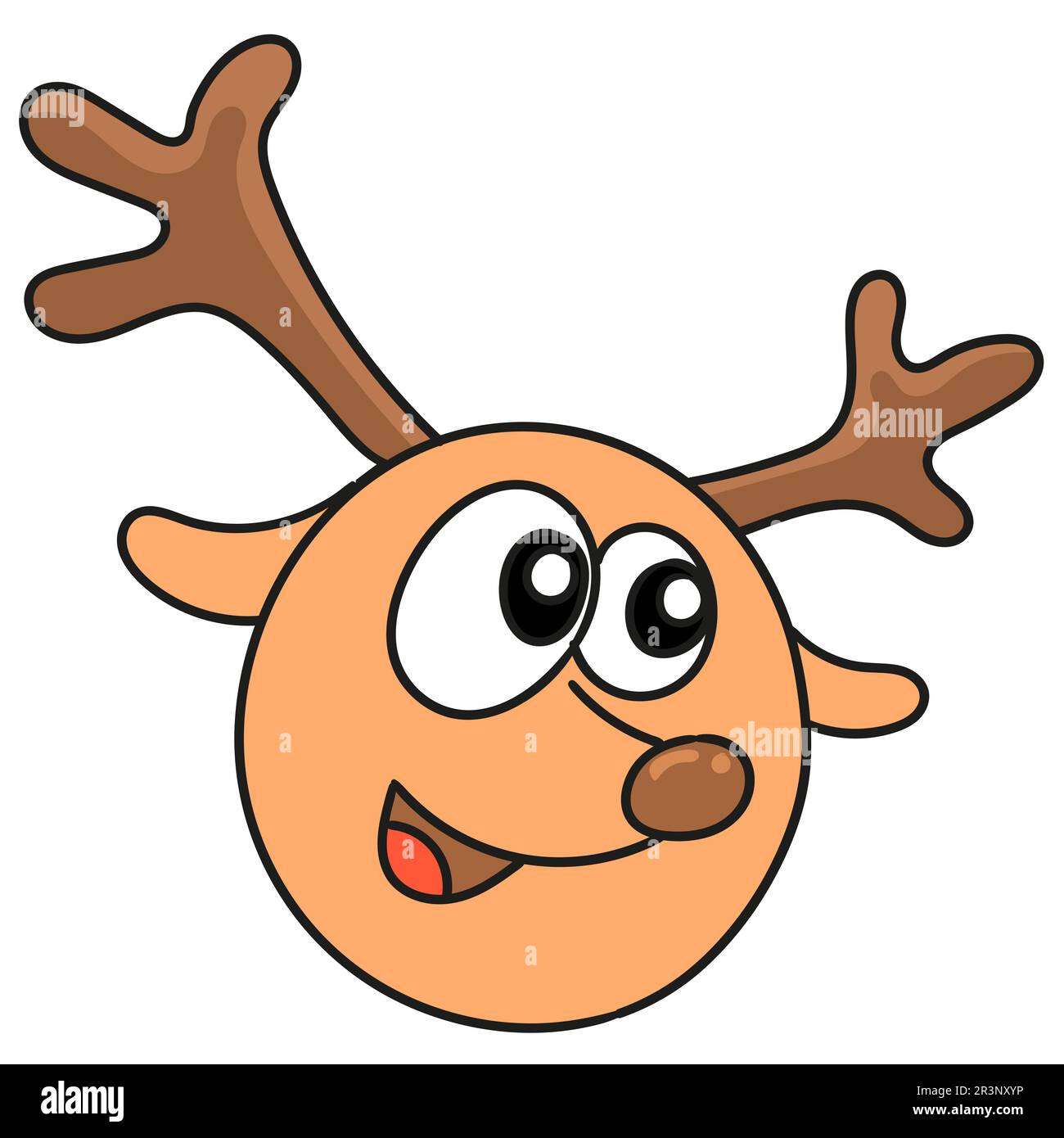 Rentierkopf-Emoticon mit fröhlichem Lächeln. Bild des doodle-Symbols Stockfoto