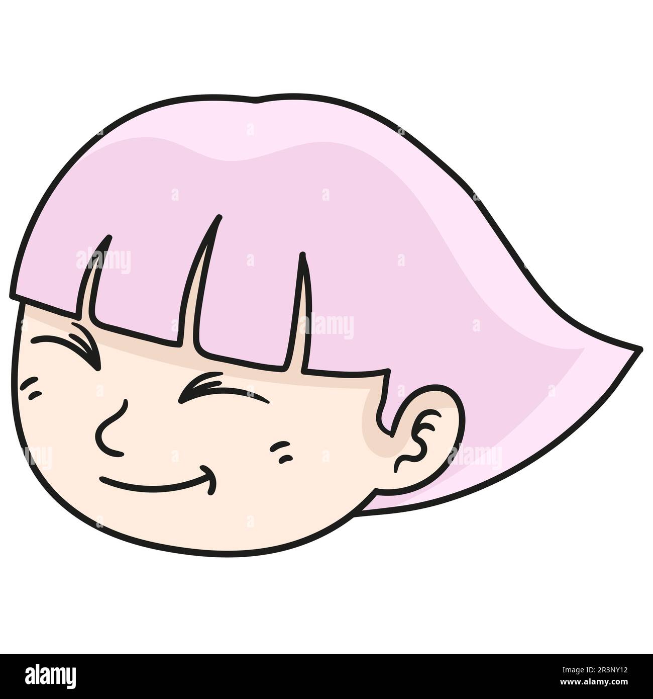 Emoticon mit dem Kopf einer dickköpfigen Frau und einem fröhlichen Lächeln. Bild des doodle-Symbols Stockfoto