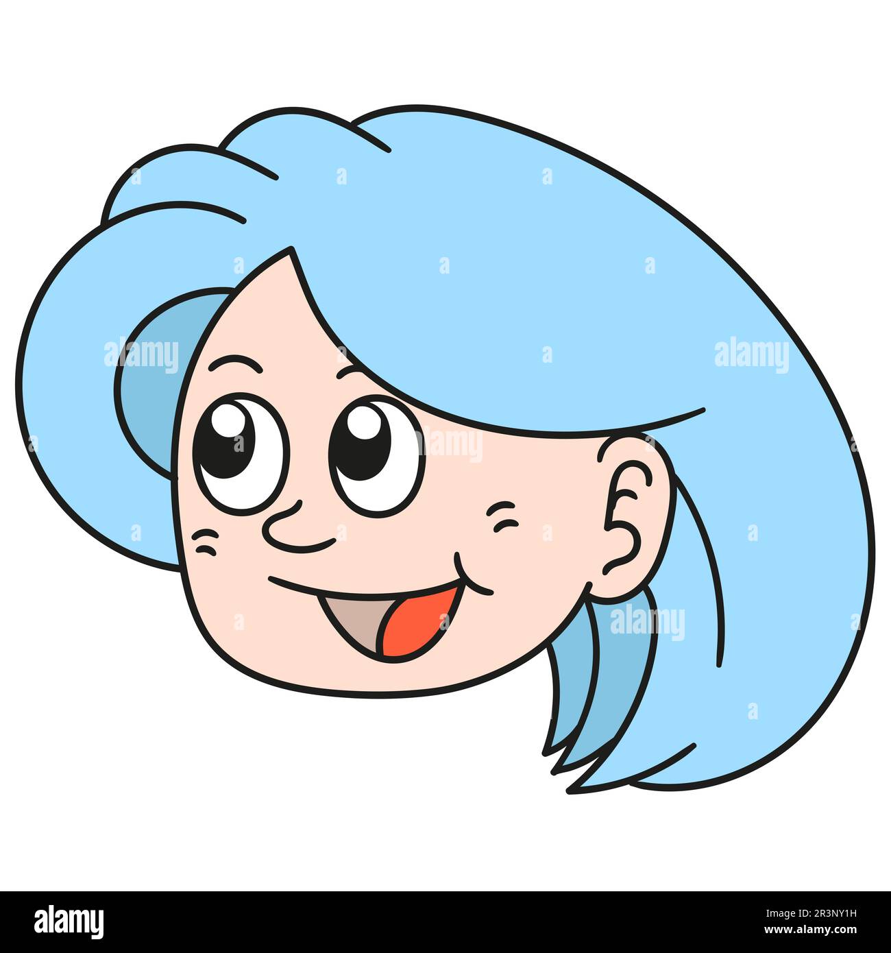 Emoticon einer schönen, blauhaarigen Frau, die glücklich lächelt. Bild des doodle-Symbols Stockfoto