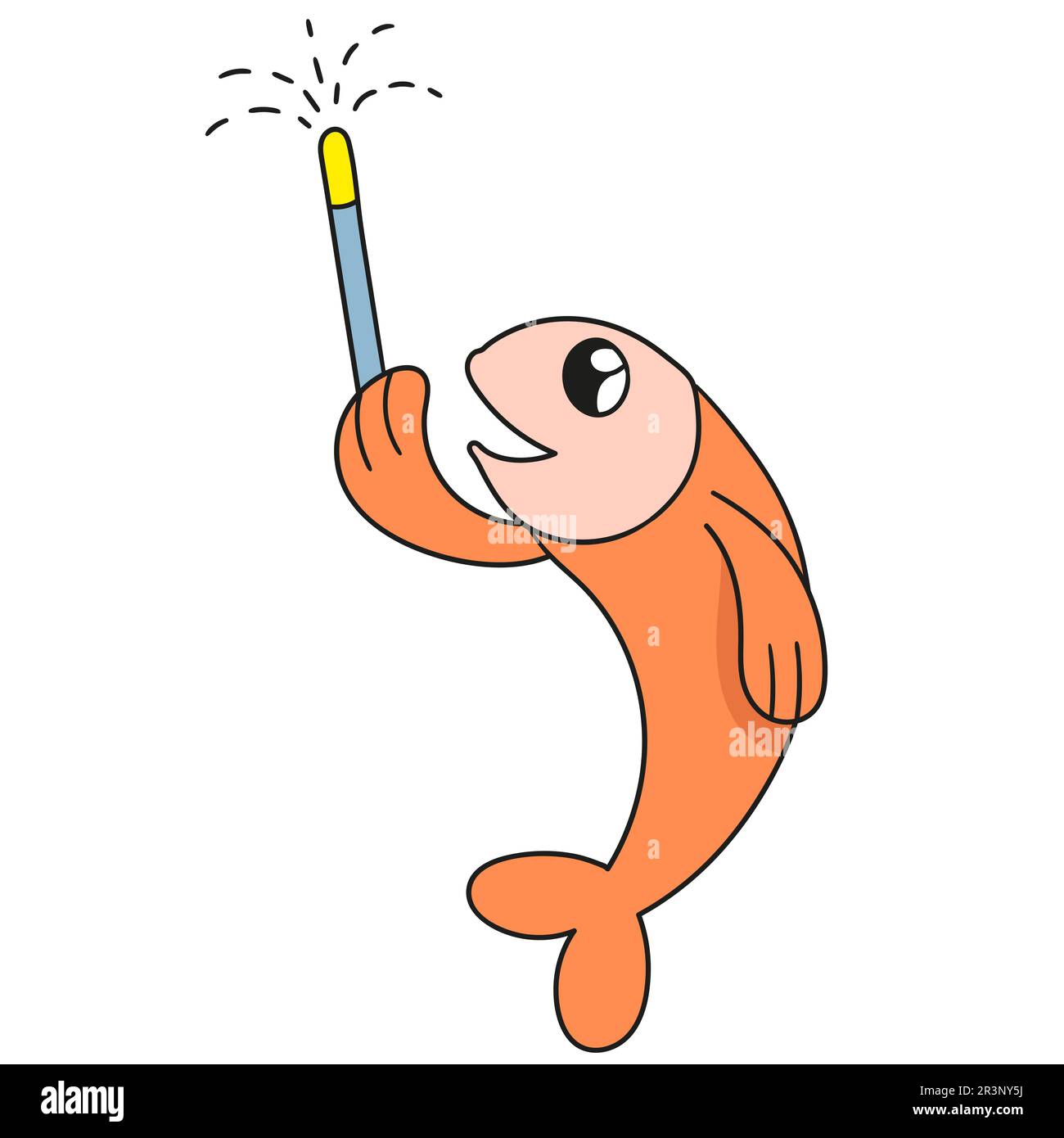 Ein Fisch löst ein Feuerwerk aus. Bild des doodle-Symbols Stockfoto