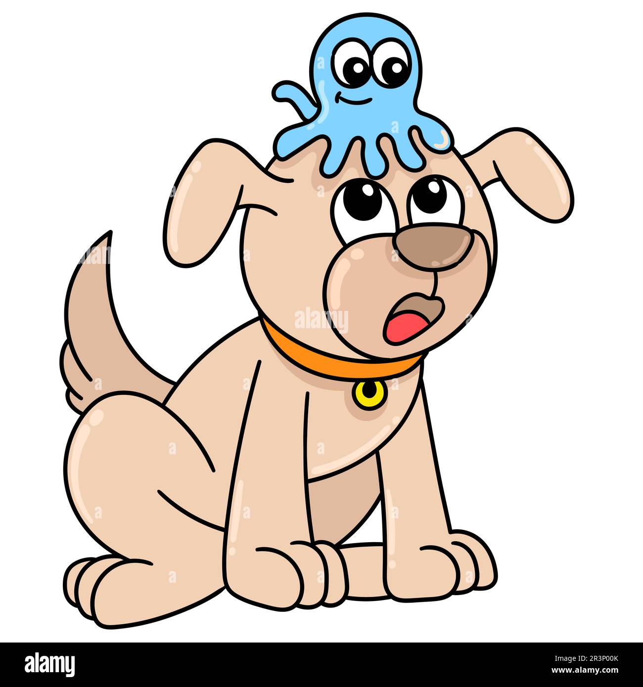 Hund und Quallen sind Freunde, die Kawaii koodeln. Bild des doodle-Symbols Stockfoto