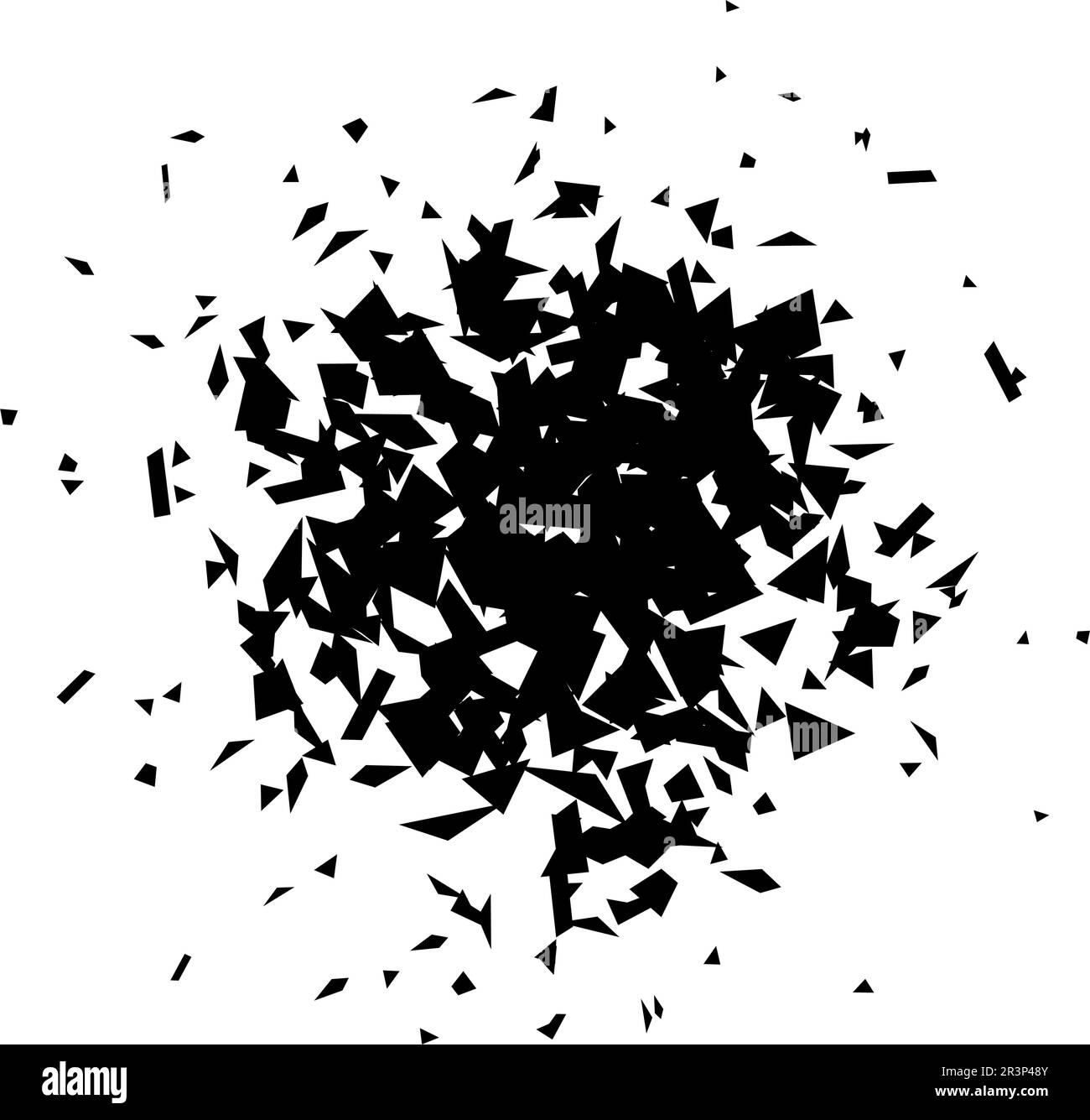 Radiale Form von Sprüngen und Ablagerungen. Schwarze Bruchstücke, Flecken und Partikel. Abstraktes Explosions- und Berstelement. Textur. Vektordarstellung Stock Vektor