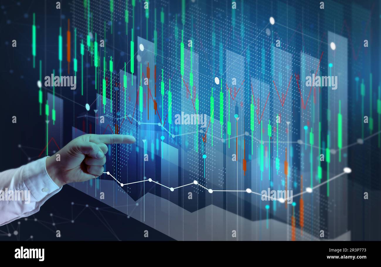 Holographisches Diagramm mit steigenden Zinsen und Indikatoren. Geschäftswachstumskonzept, hohe Profitabilität, erfolgreiche Gründung. Das Wachstum Stockfoto