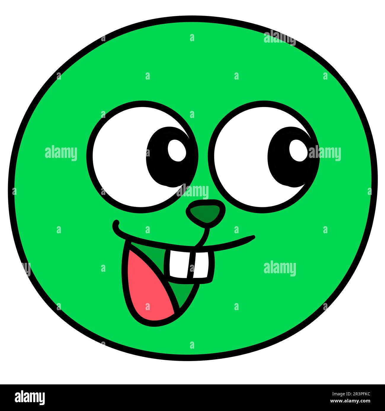 Grüner Emoticon-Ball lacht, kawaii koodle. Bild des doodle-Symbols Stockfoto