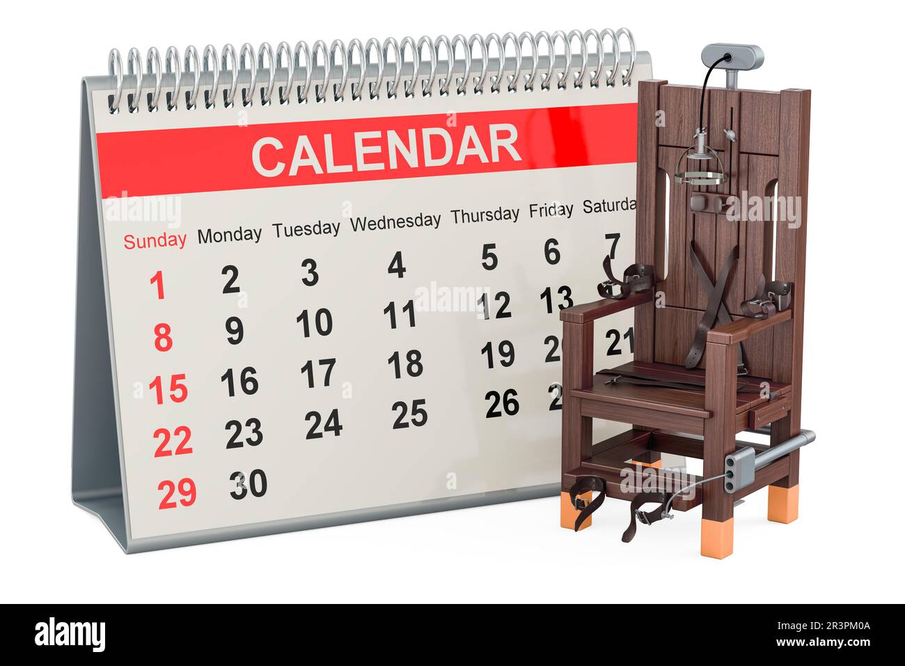 Elektrischer Stuhl mit Tischkalender, 3D-Rendering auf weißem Hintergrund isoliert Stockfoto