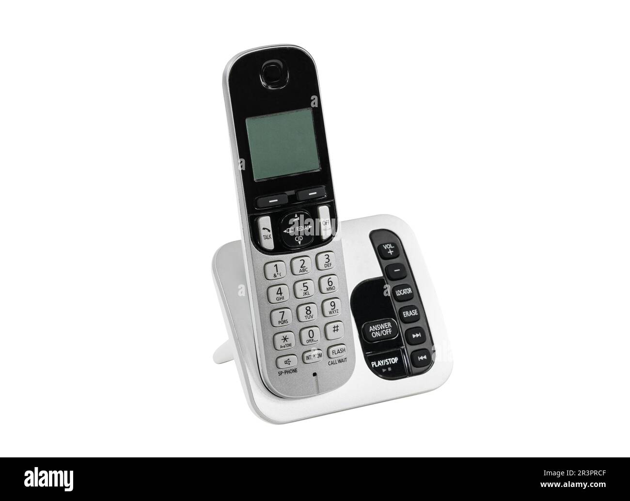 Altes schnurloses Festnetztelefon und Anrufbeantworter. Isoliert mit ausgeschnittenem Hintergrund. Stockfoto