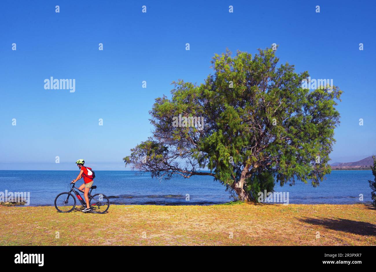 E-Bike an der Küste von Elafonisos, Griechenland, Peloponnes, Laconia, Elafonisos Stockfoto