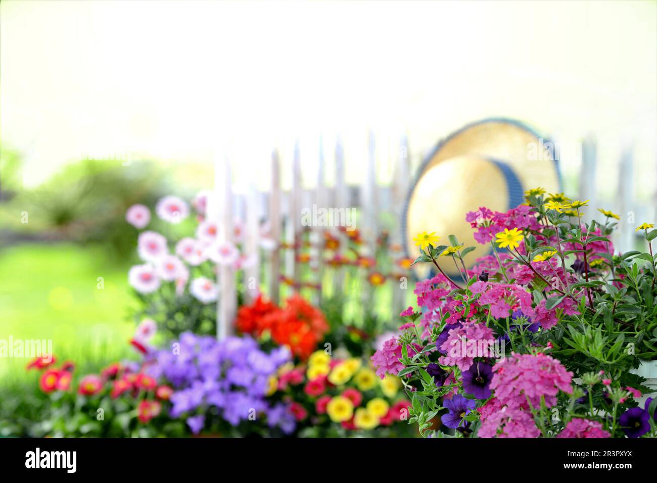 Farbenfrohe Blumen in einem Garten mit Strohhut und Gartenzaun Stockfoto