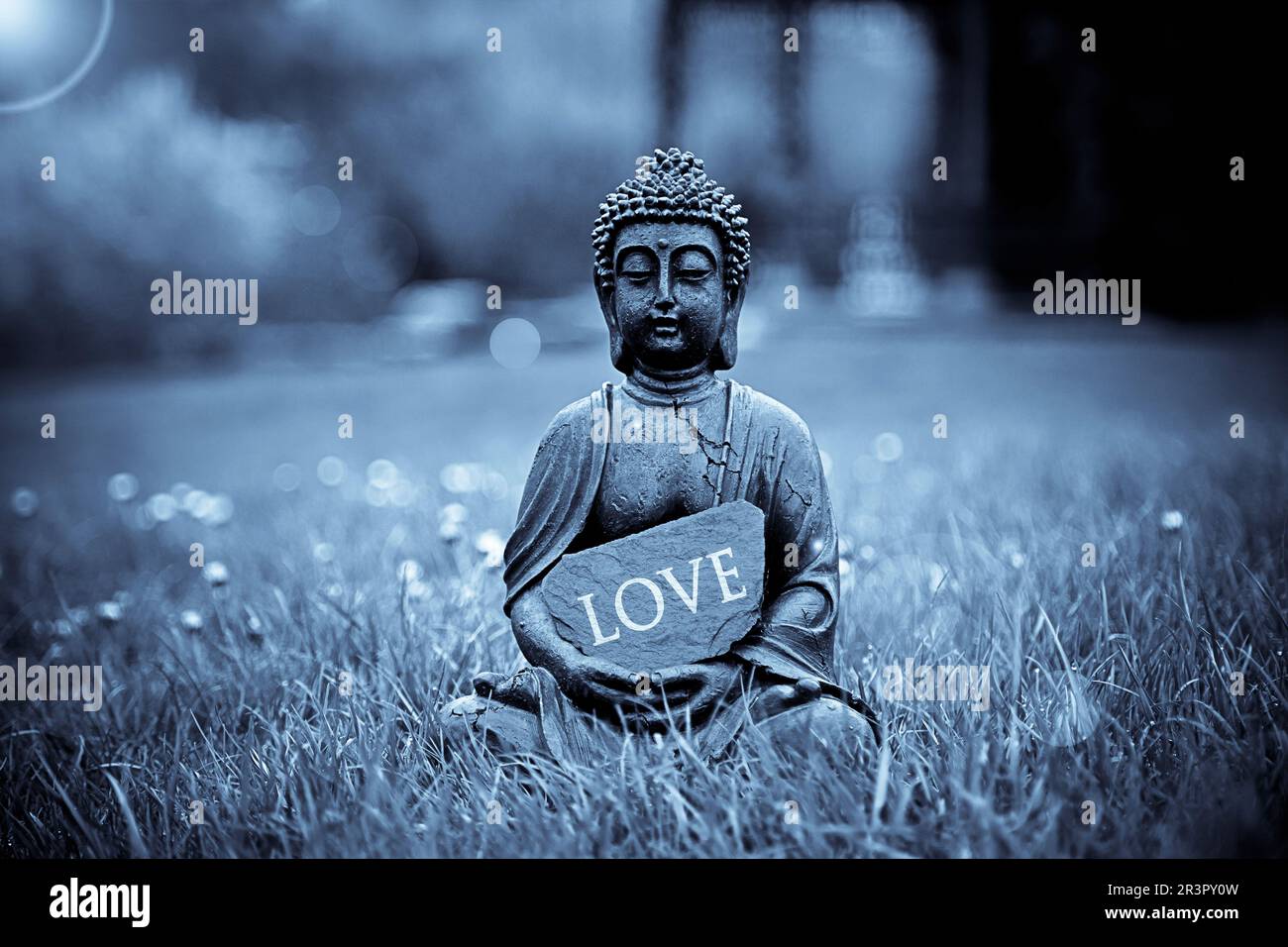 Buddha-Statue auf einer Wiese mit einem Schild mit der Aufschrift "Love" Stockfoto