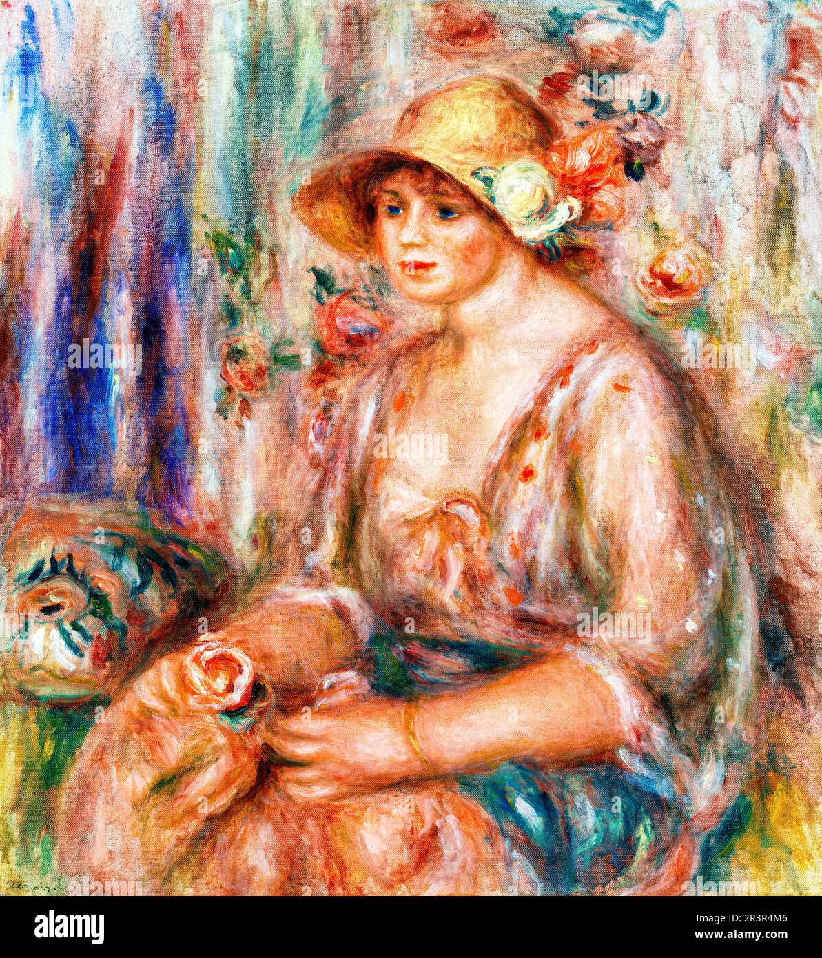 Frau in Muslin-Kleid von Pierre-Auguste Renoir. Original von der Barnes Foundation. Stockfoto