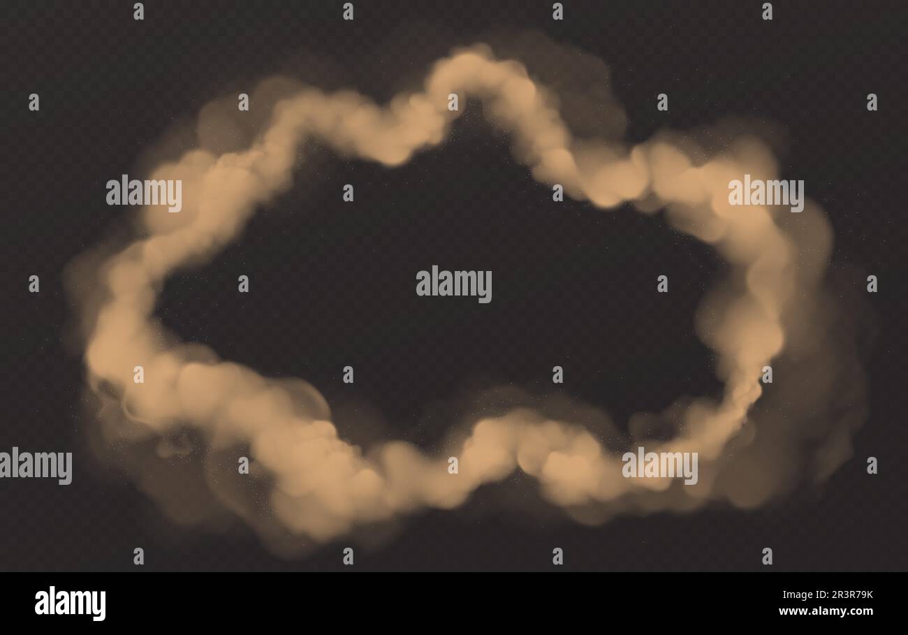 Rauchkreis, runder welliger Smog-Wolkenrahmen, brauner, schwerer Staubdampf mit isolierten Moten, Sand und Bodenpartikeln auf transparentem Hintergrund. Realistische 3D-Vektordarstellung mit Zigarettendampf, Clip Art Stock Vektor