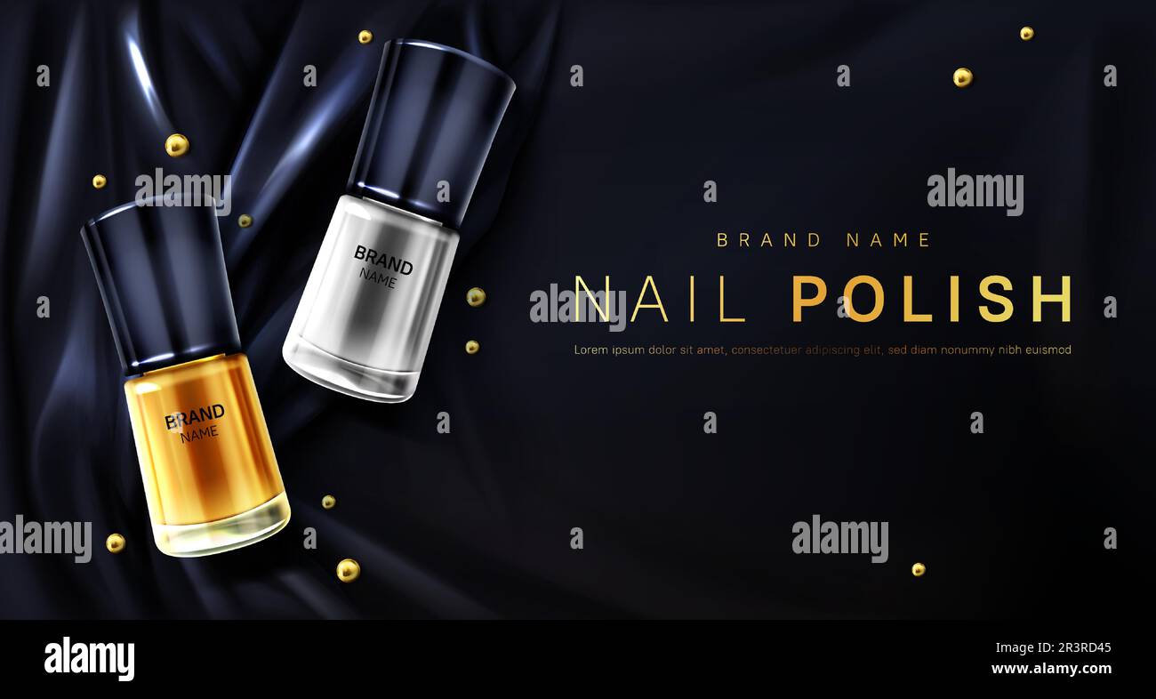 Nagellack 3D Flaschen Gold- und Silber-Metallic-Banner, kosmetische Glasröhrchen auf schwarzem Seidenstoff mit Falten und Perlen. Kosmetik bildet ein Produkt, realistisches Vektormodell Stock Vektor