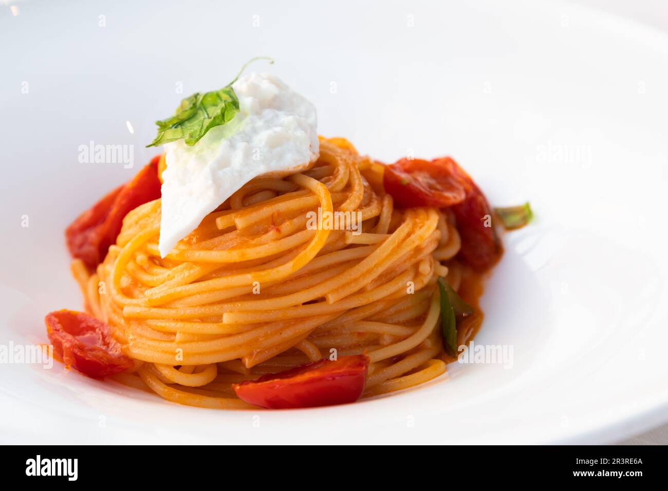 Italienische Pasta - Spaghetti mit Mozzarella-Käse-Nahaufnahme, mediterrane Diät. Stockfoto