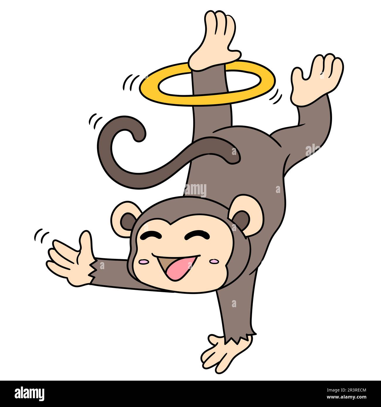 Ein süßer Affenjunge, der einen stehenden Zirkus mit einem einhändigen, kritzelnden Ikone aufführt Stockfoto