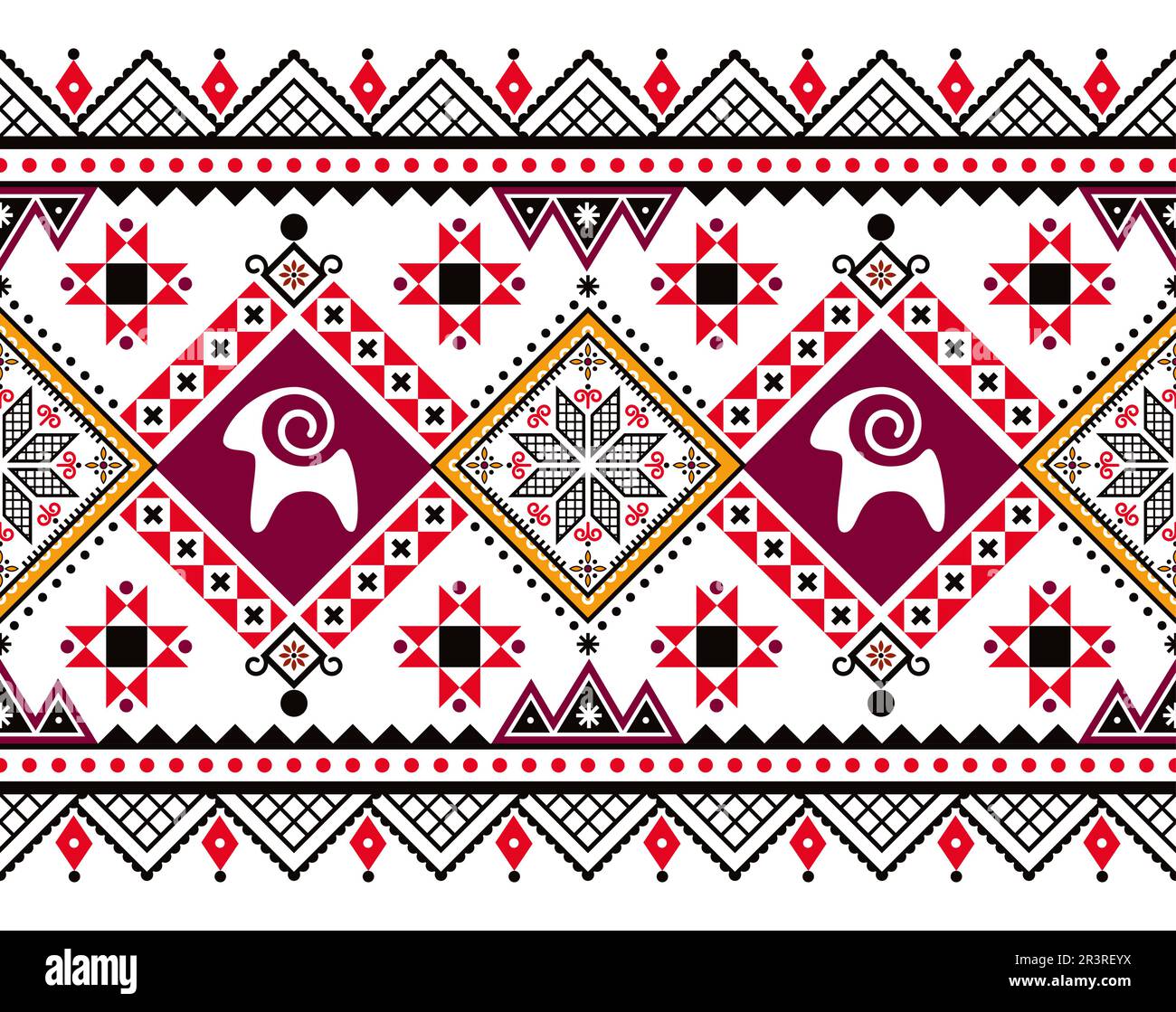 Ostereier Design aus der Ukraine nahtlos langes horizontales Muster mit Ziegen und Sternen, Ostereier wiederholtes Design Hutsul Pisanky Stock Vektor