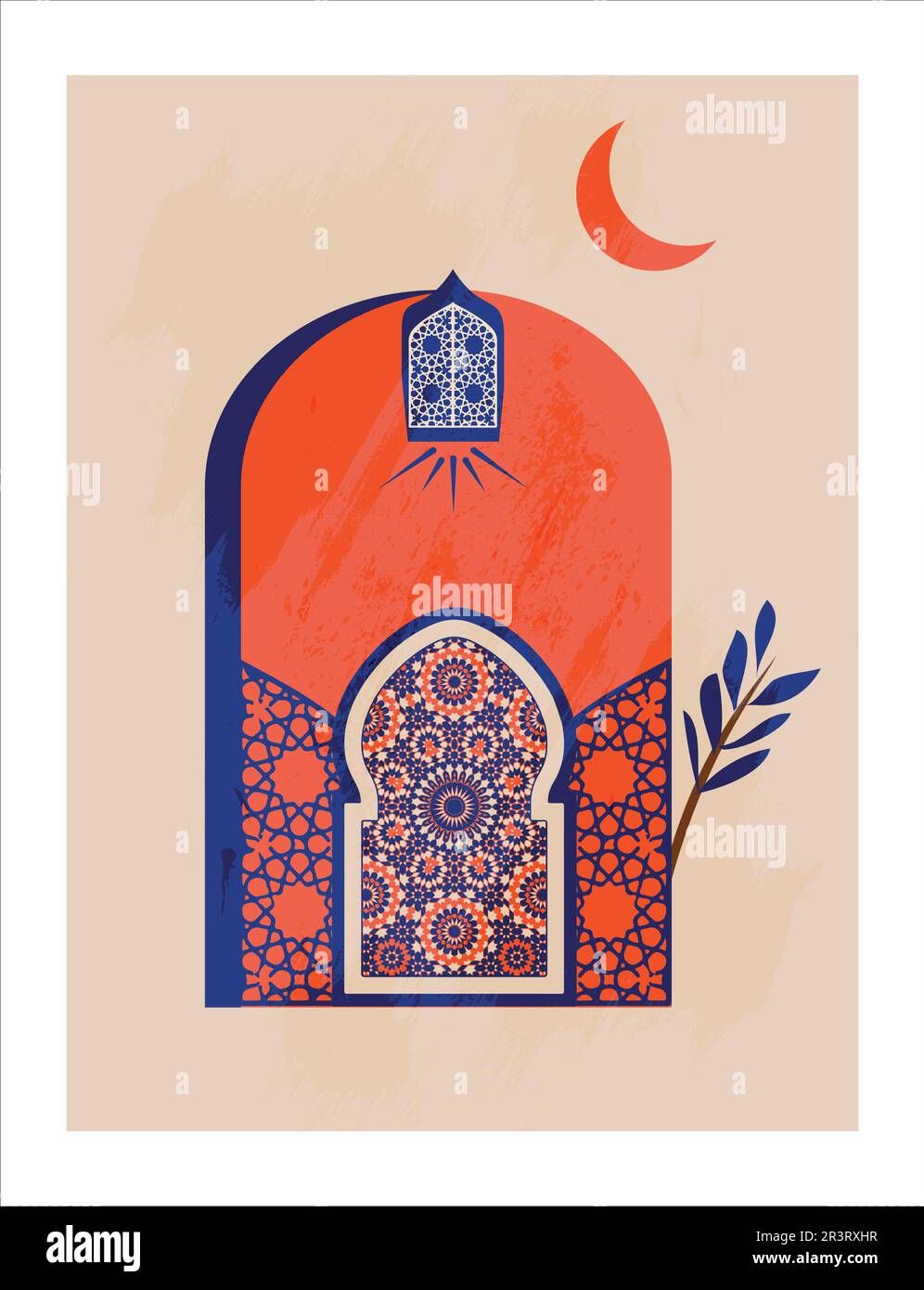 Modernes und minimalistisches Boho-Design. Marokkanische Szene. Marokkanische Türen, Fenster und traditionelle Handwerkskunst. Terrakotta-Hintergrund. Vektordarstellung Stock Vektor