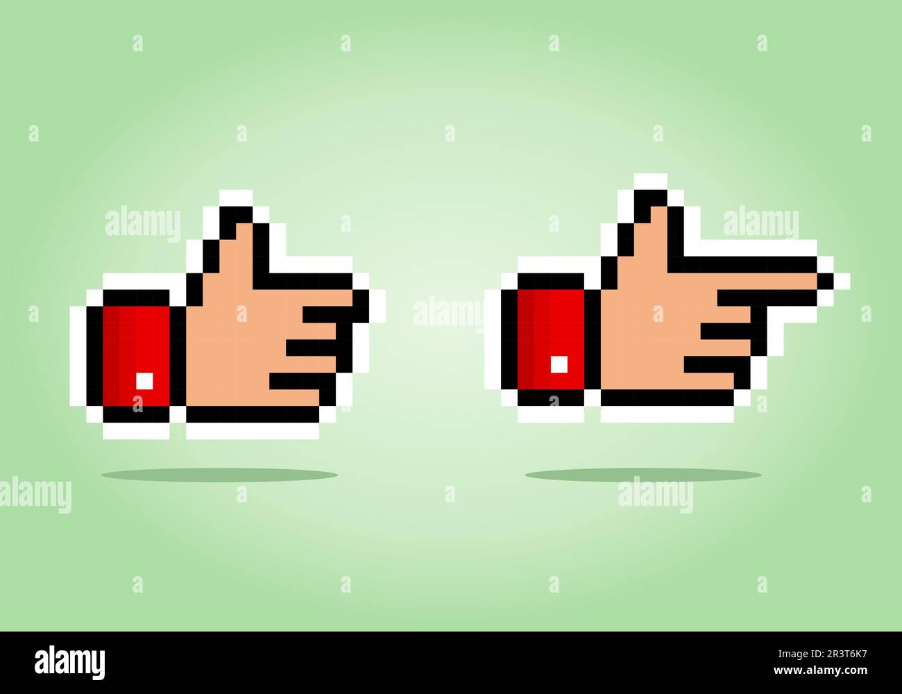 8-Bit-Pixel des Daumens und des zeigenden Bildes. Vektordarstellung von Pixelgrafiken. Stock Vektor