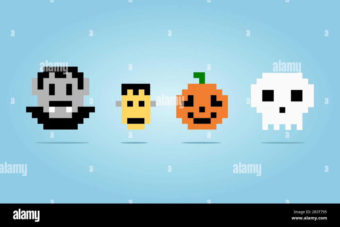 8-Bit-Pixel-dracula-Schädel-Kürbis und gruseliges Gesicht für Halloween-Themen in Vektordarstellung Stock Vektor