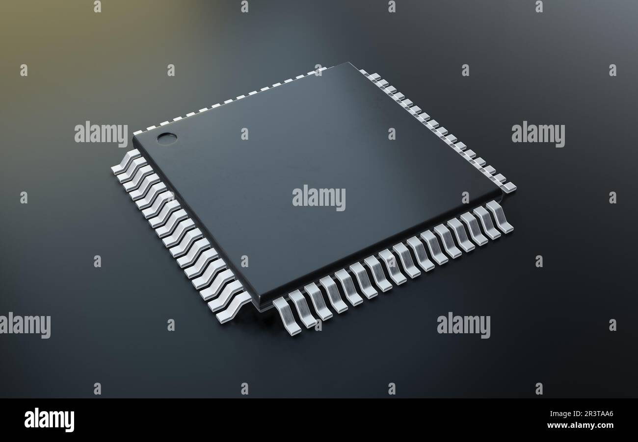 3D-Rendering von Mikrochip- oder Halbleiterchip, für Computin- oder Technologiekonzept. Stockfoto