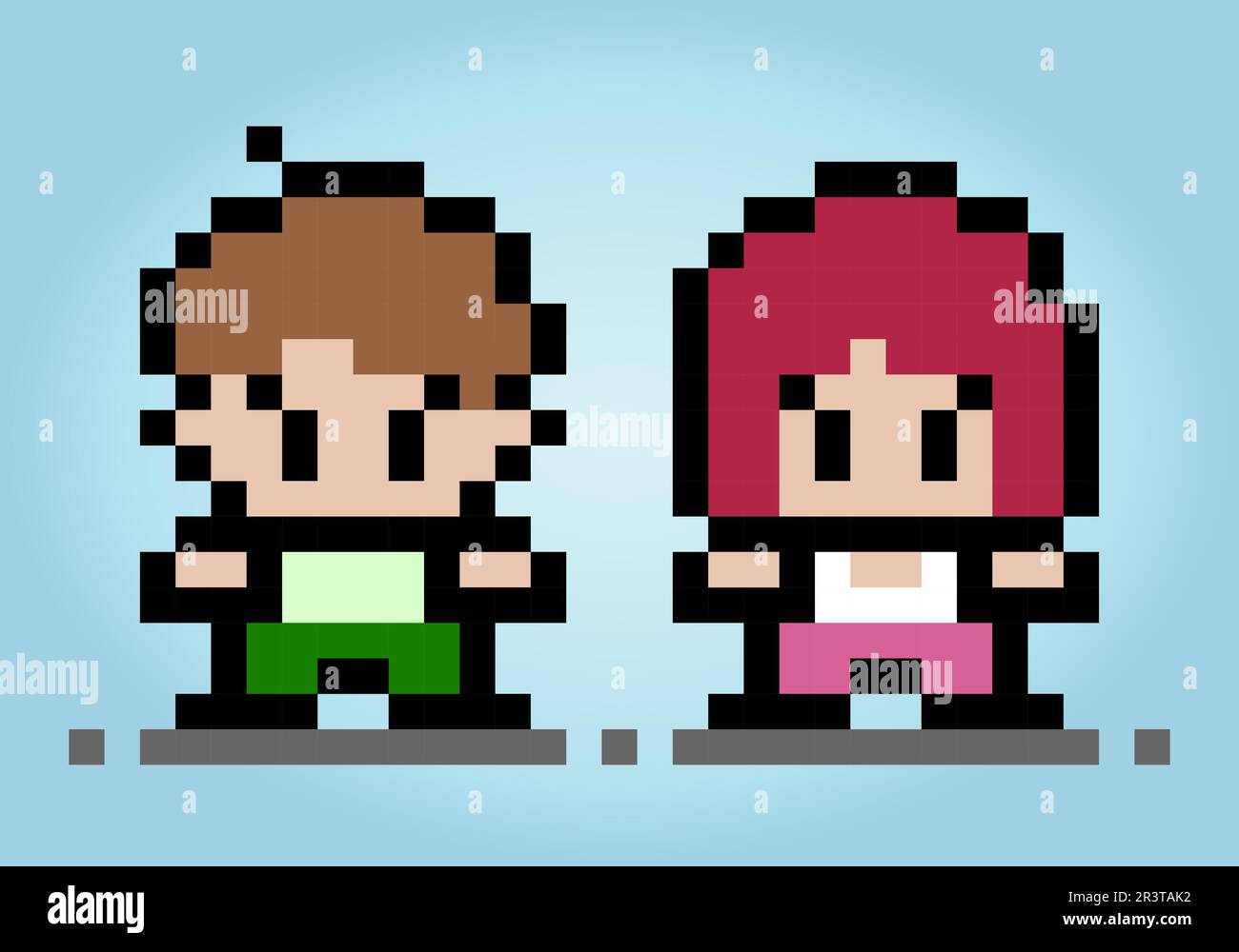 8-Bit-Pixel-menschliche Paare. Männchen und Mädchen für Spielelemente und Kreuzstichmuster in Vektorbildern. Stock Vektor