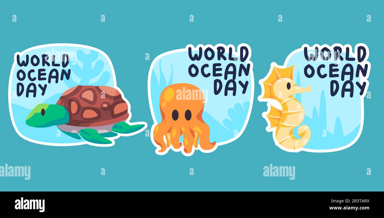 World Ocean Day Marine Animal Creatures Kampagne Save the Planet Water Object Set Sammlung Zeichnung Zeichnungsaufkleber Doodle Cartoon Style Stock Vektor