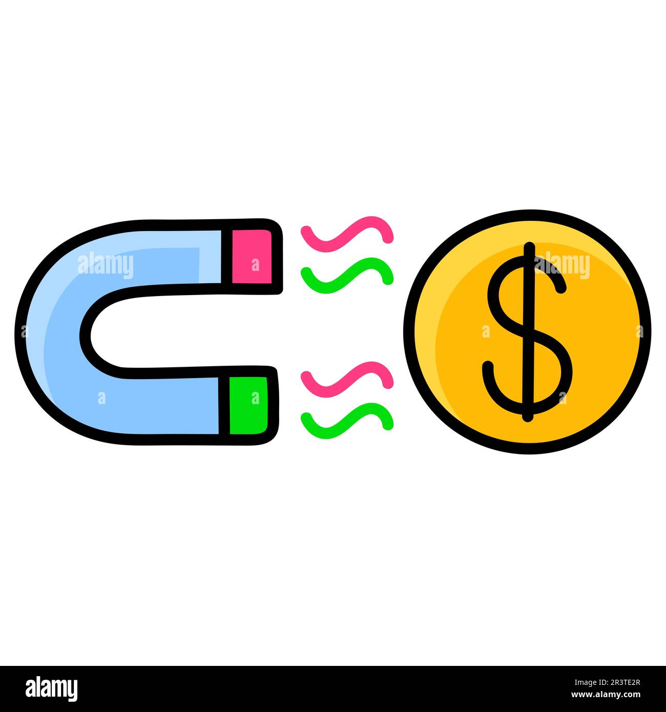 Magnete ziehen Geld an. doodle Icon-Zeichnung Stockfoto