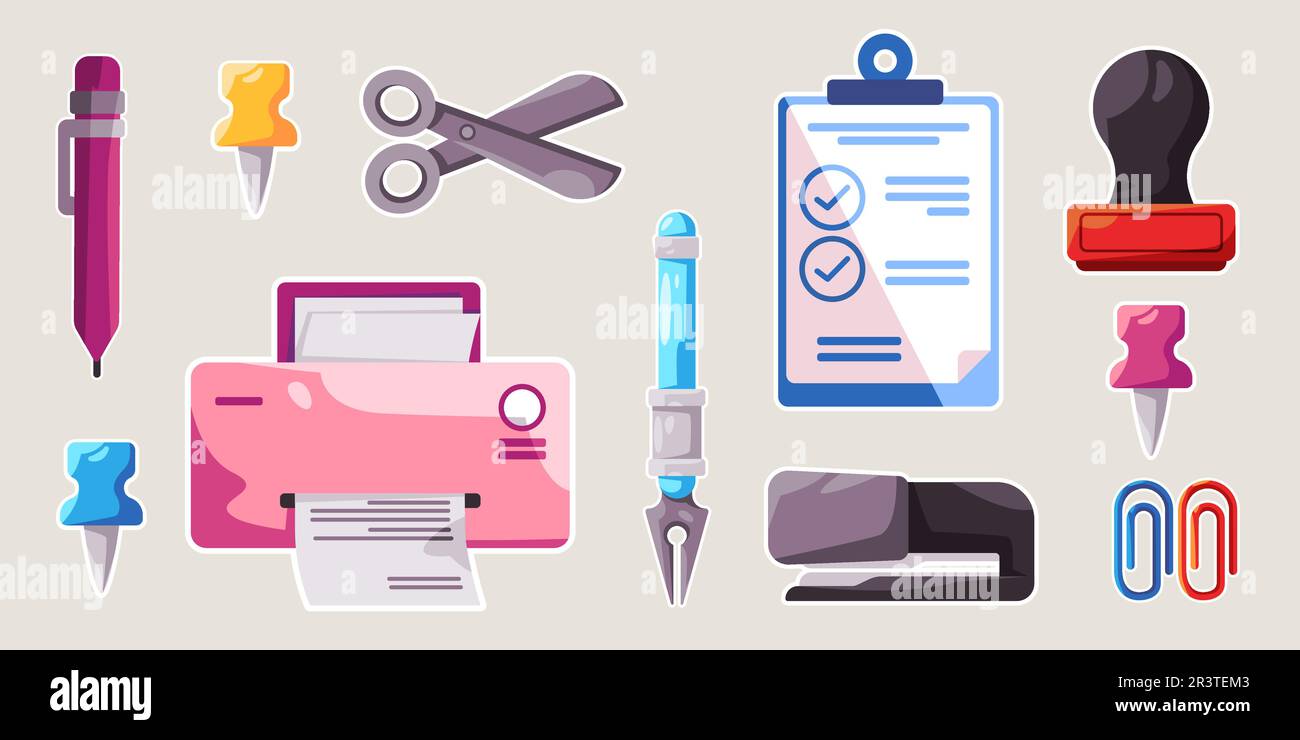 Office Objects Cartoon Set Sticker Doodle Collection Bundle aus Druckerpapier Stift Stempel Büroklammer Hefter Stock Vektor