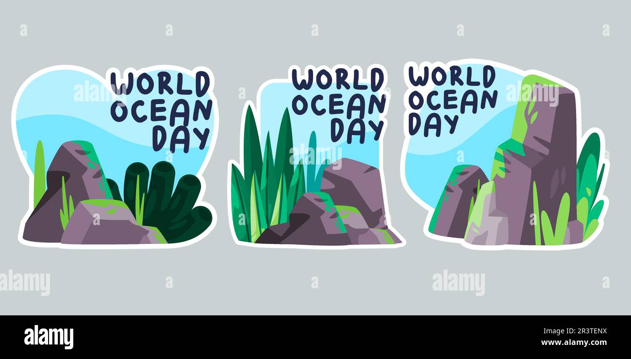 World Ocean Day Meeresökologie Kampagne Save the Planet Water Object Set Sammlung Zeichnung Zeichnungsaufkleber Doodle Cartoon Style Stock Vektor