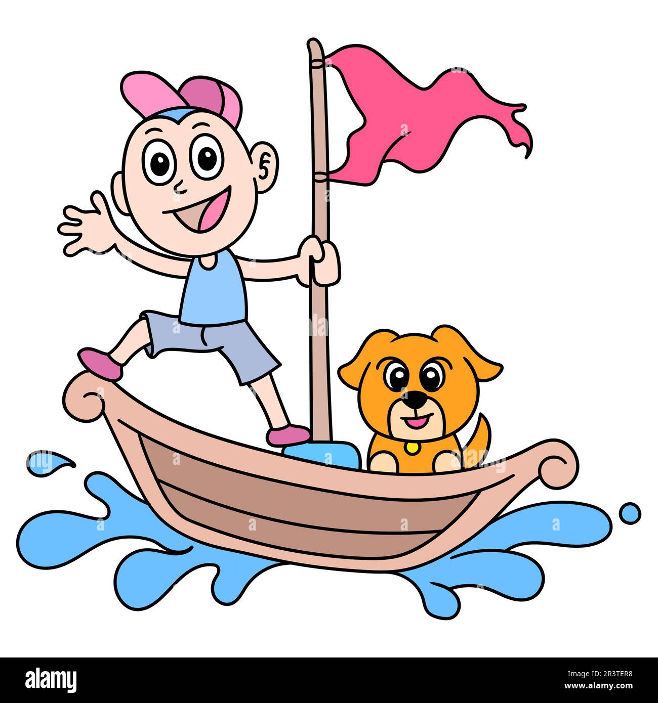 Der Junge und sein Hund haben ein Segelabenteuer, ein Doodle Icon Image Kawaii Stockfoto