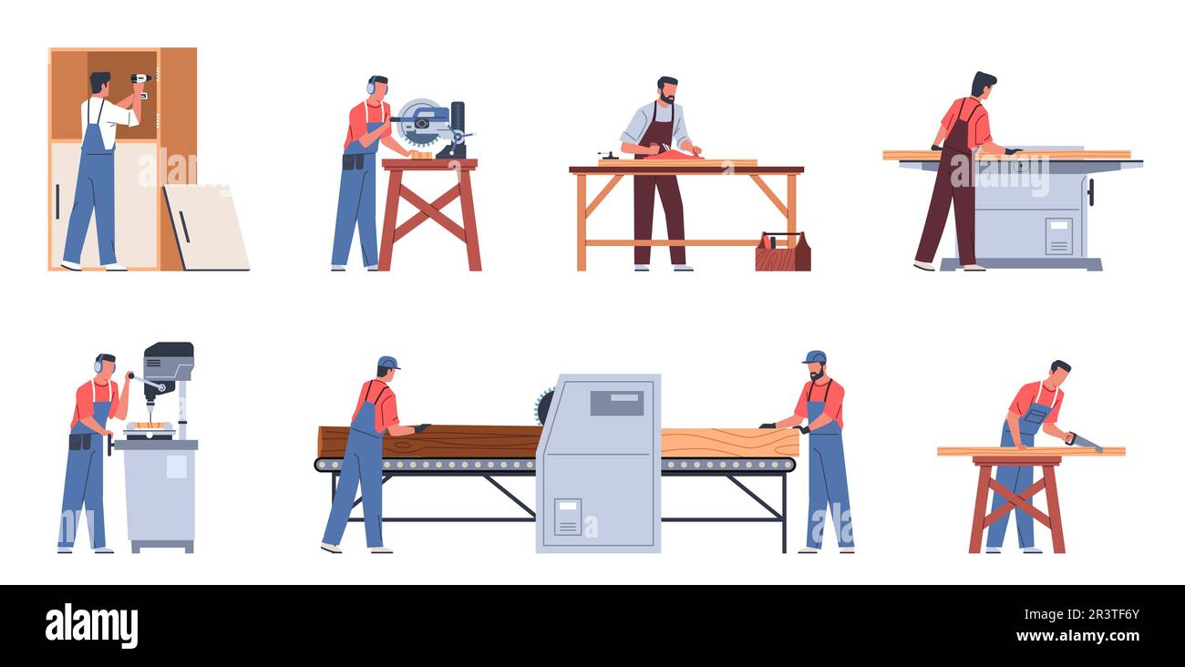 Zimmerleute mit Möbeln. Cartoon-Männer in Arbeitskleidung, die in der Holzverarbeitung, Sägen, Bohren und Hobeln tätig sind und Process Cartoon flach machen Stock Vektor