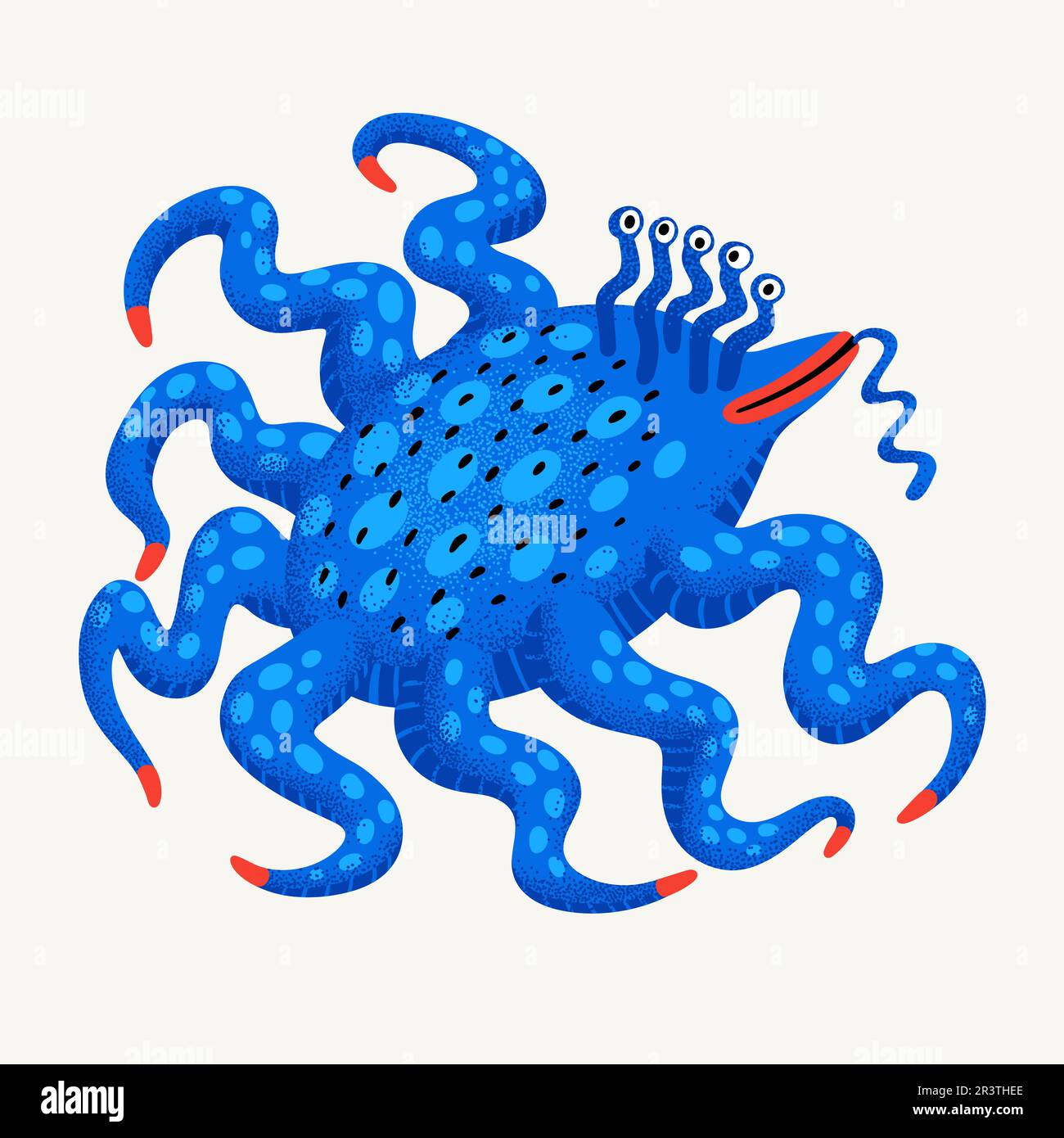 Süßes Cartoon-Vektormonster. Blaue Wassermonster-Figur mit Tentakeln und gekrümmter Struktur. Handgezeichnete Vektordarstellung in auffälligem, modernem Stil Stock Vektor