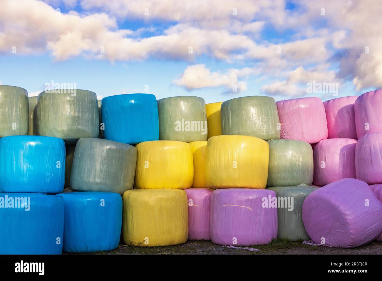 Blaue, gelbe, rosa, graue Silageballen auf einem Bauernhof Stockfoto