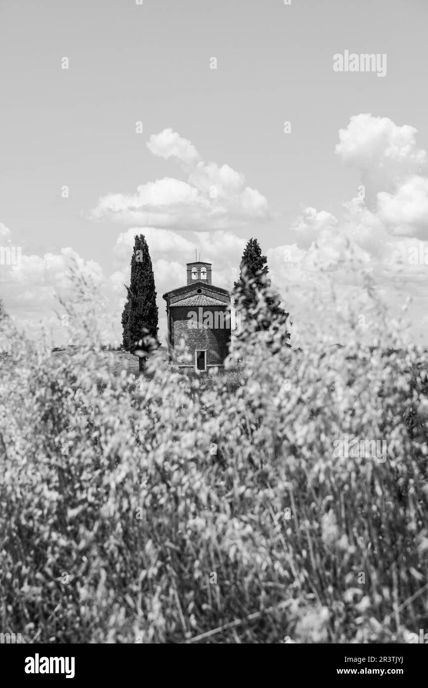 Cappella di Vitaleta (Vitaleta-Kirche), Val dOrcia, Italien. Das klassischste Bild des toskanischen Landes Stockfoto