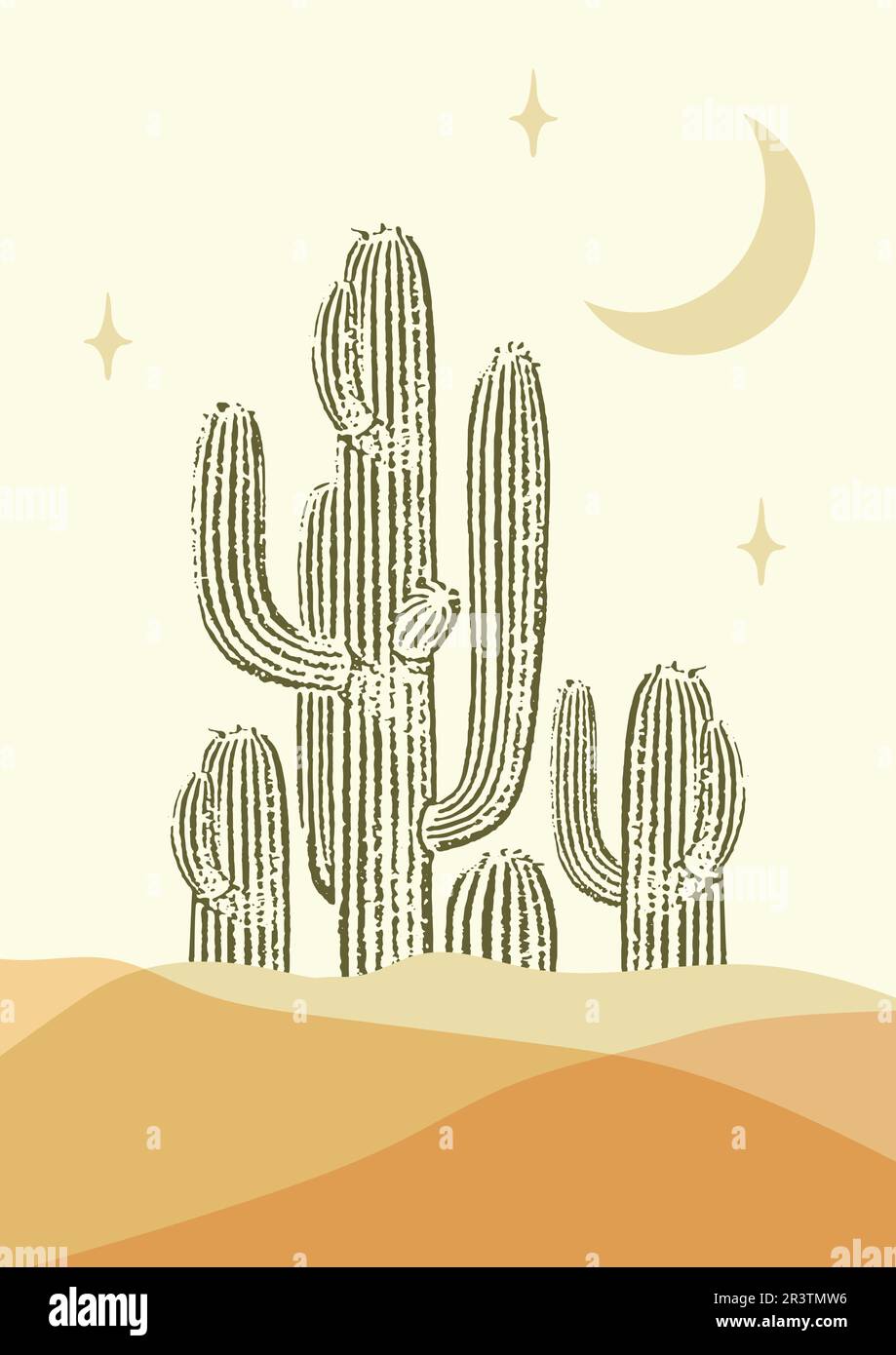 Abstrakte zeitgenössische, ästhetische Nachtschattenlandschaft mit saguaro-Kakteen. Stock Vektor
