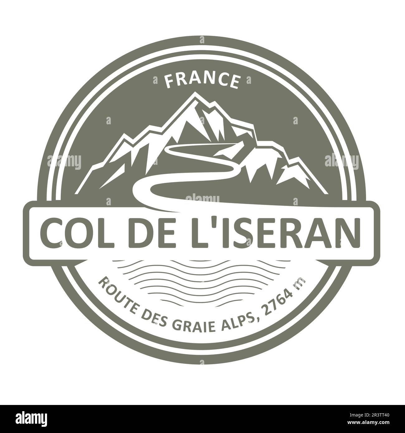 Emblem mit Stempel von Col de Iseran, Route des Grandes Alpes, Gebirgspass in Frankreich, Vektor Stock Vektor