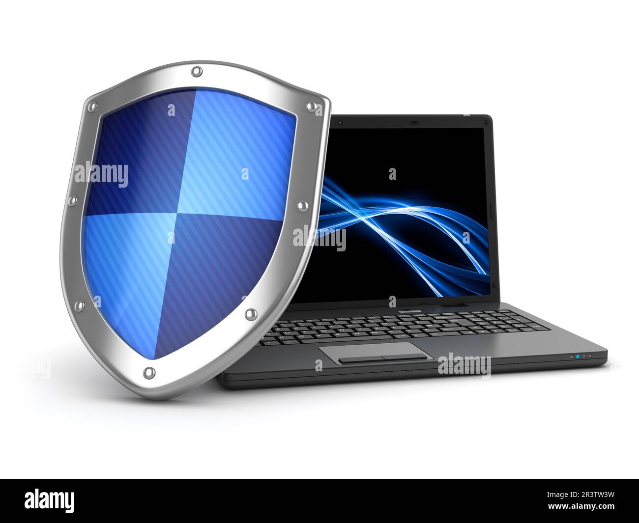 Laptop und Schild Stockfoto