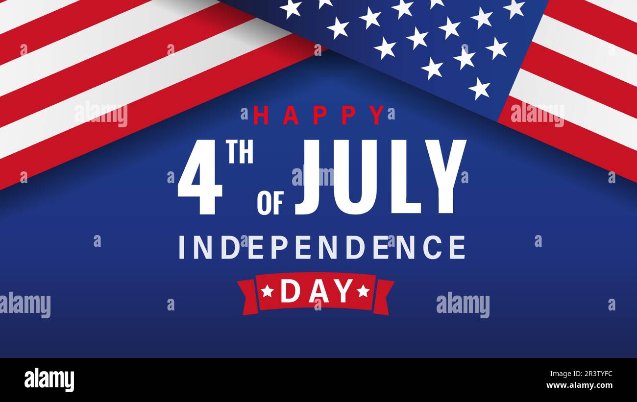 „Happy 4. of July Independence Day“-Banner mit Flagge und Band. Amerikanisches Festtagsdesign – Happy Fourth of July Text mit USA-Flaggen. Vektorbanner Stock Vektor