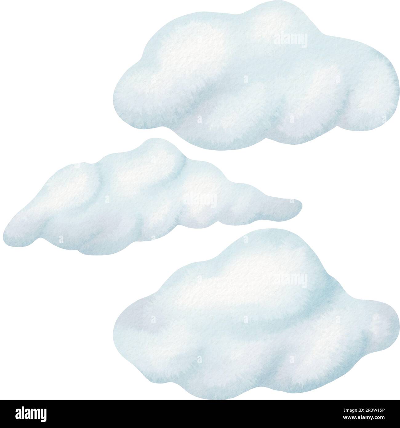 Set Cartoon niedliche Illustration. Sanft blaue, weiche, flauschige Wolken schweben über den Himmel. Schönes Wetter. Aquarellzärtlichkeit. Isoliert digital Stockfoto