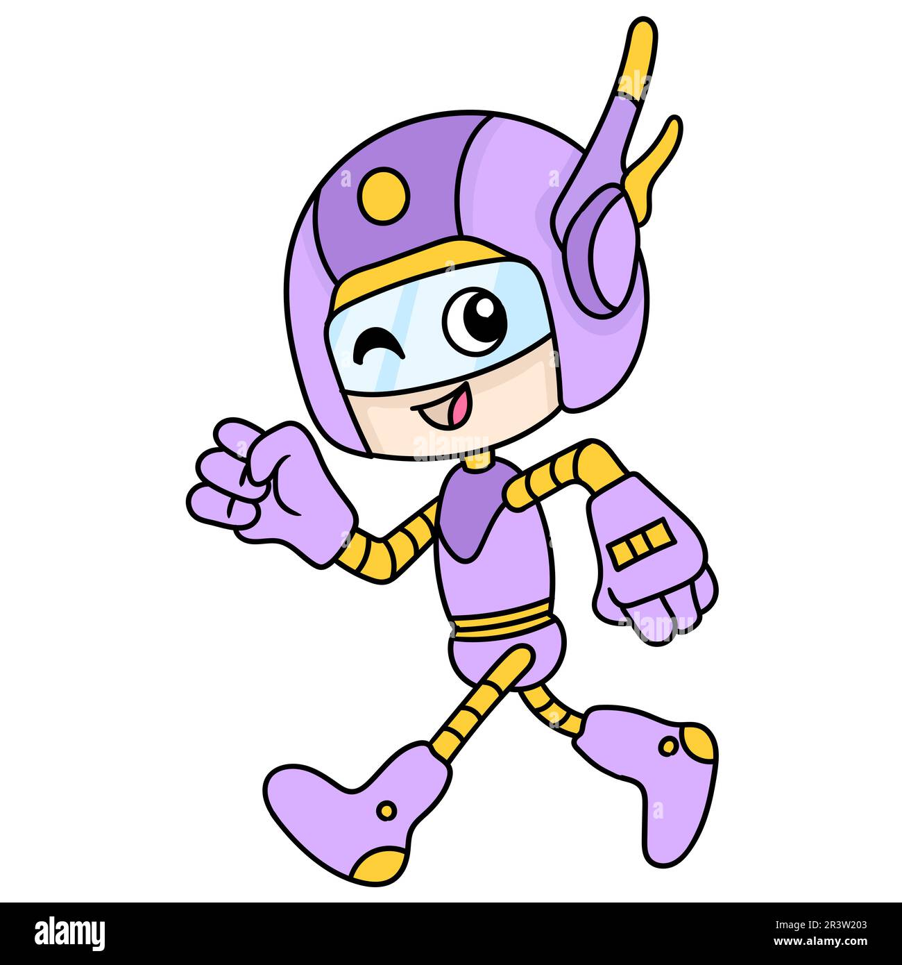 Roboter-Superheld in High-Tech-Outfit, der mit einem fröhlichen Lächeln und einem koodle-Ikone-Bild Kawaii läuft Stockfoto