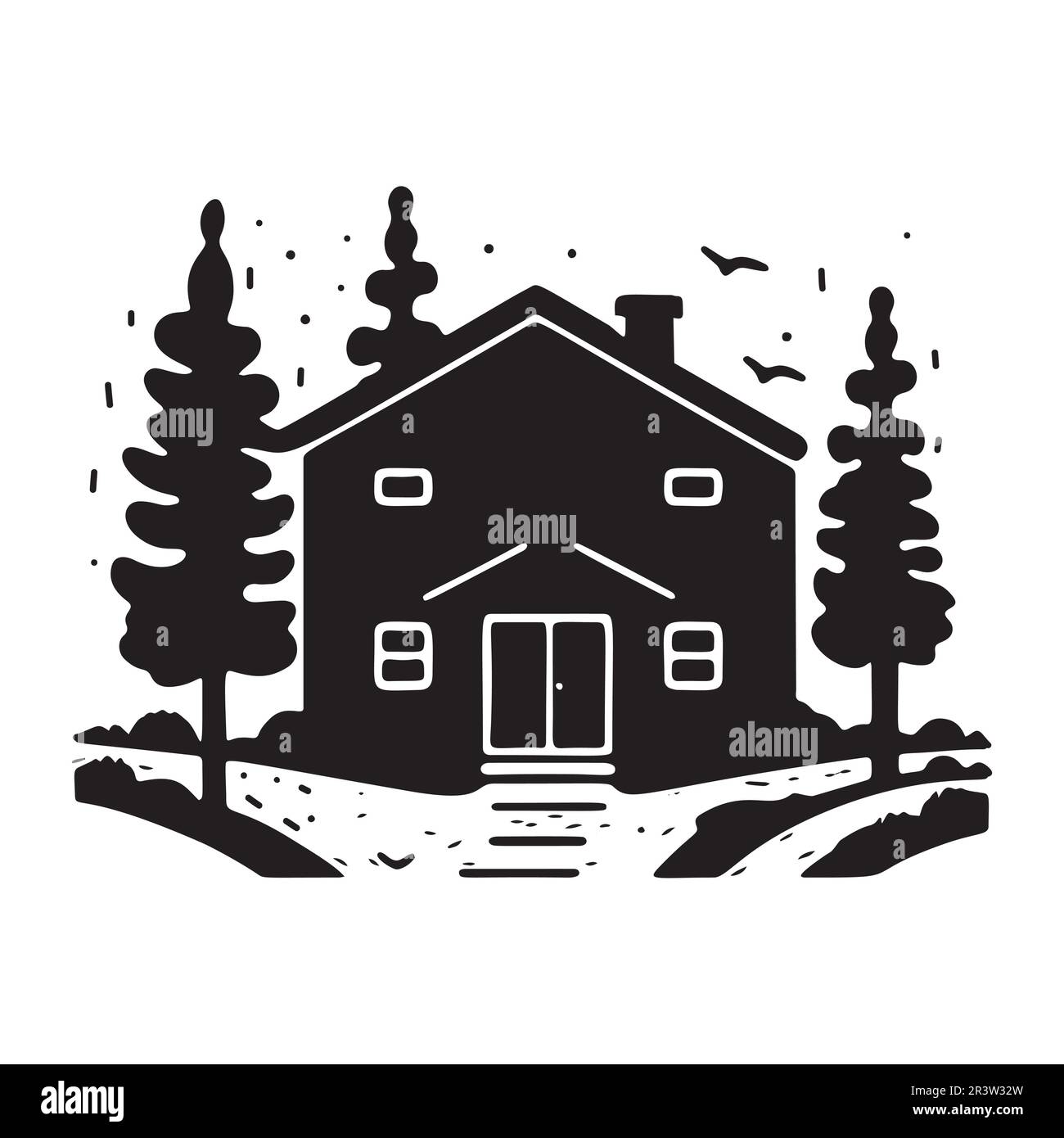 Holzkabine in scandi Linocut-Vektordarstellung. Alpenhütte im Landurlaub Dorf Cartoon. Stock Vektor