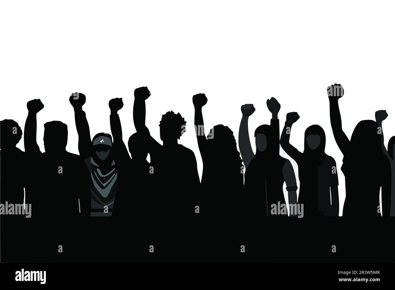 Banner mit Silhouetten von Personen. Menschenrechtsbegriff. Protest gegen das Ende des Rassismus. Poster über Menschenrechtsverletzungen Stockfoto