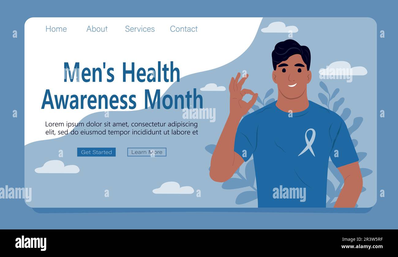Männer Gesundheitsbewusstsein Monat. Prostatakarzinombewusstseinsband mit. Welttag Des Prostatakarzinoms. Ein mann und ein Symbol für die Gesundheit der Männer. Webseitenvorlage. Stock Vektor