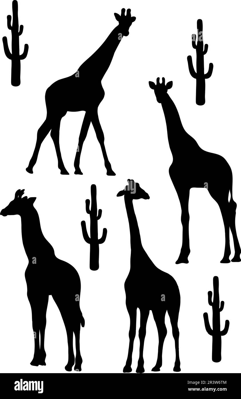 Kollektionshalhouetten der Giraffe. Tropische afrikanische Tiere. Vektordarstellung. Isolierte Handzeichnungen auf weißem Hintergrund für die Konstruktion Stock Vektor