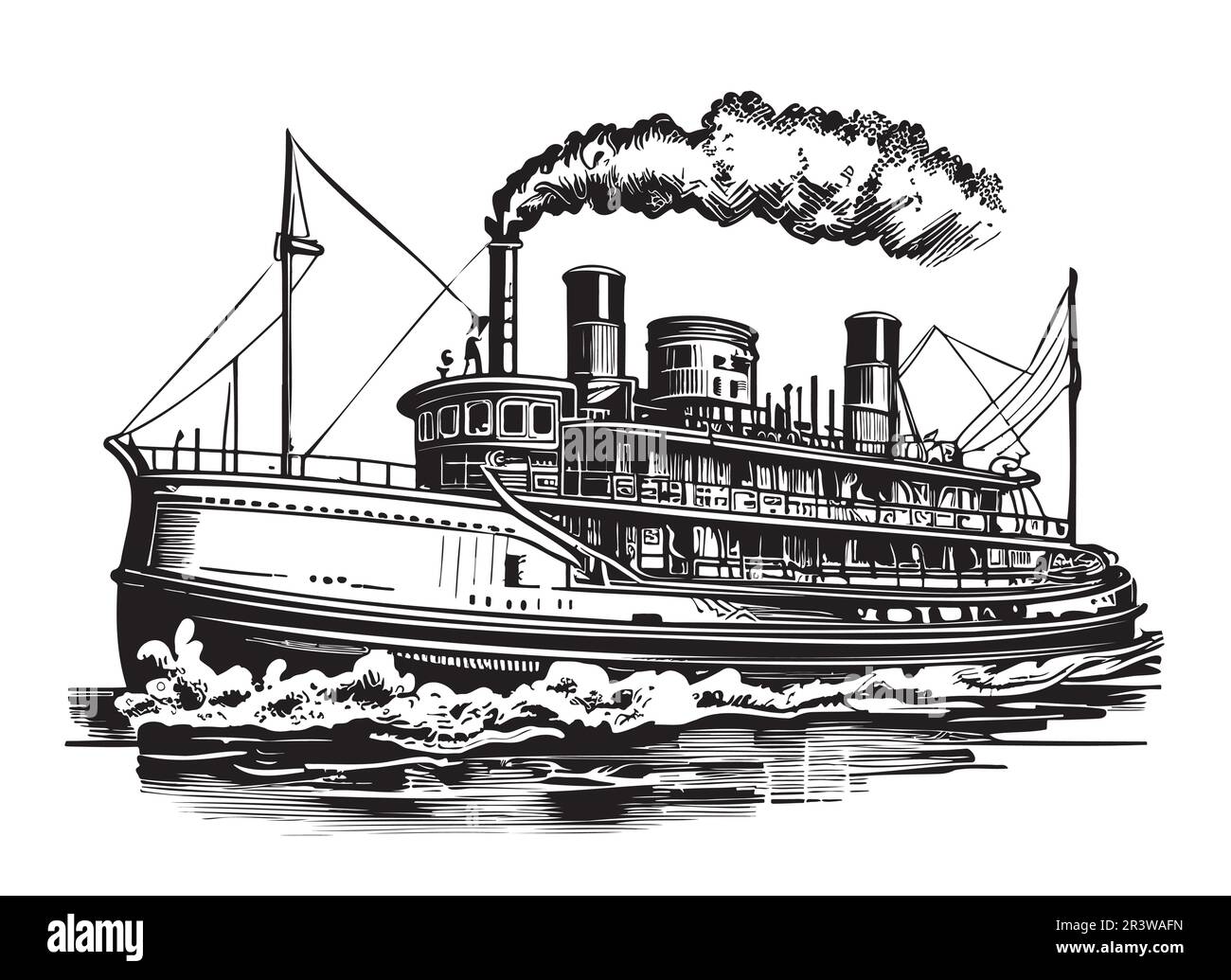 Ein klassisches Dampfschiff, handgezeichnet im Doodle-Stil Transportation Stock Vektor
