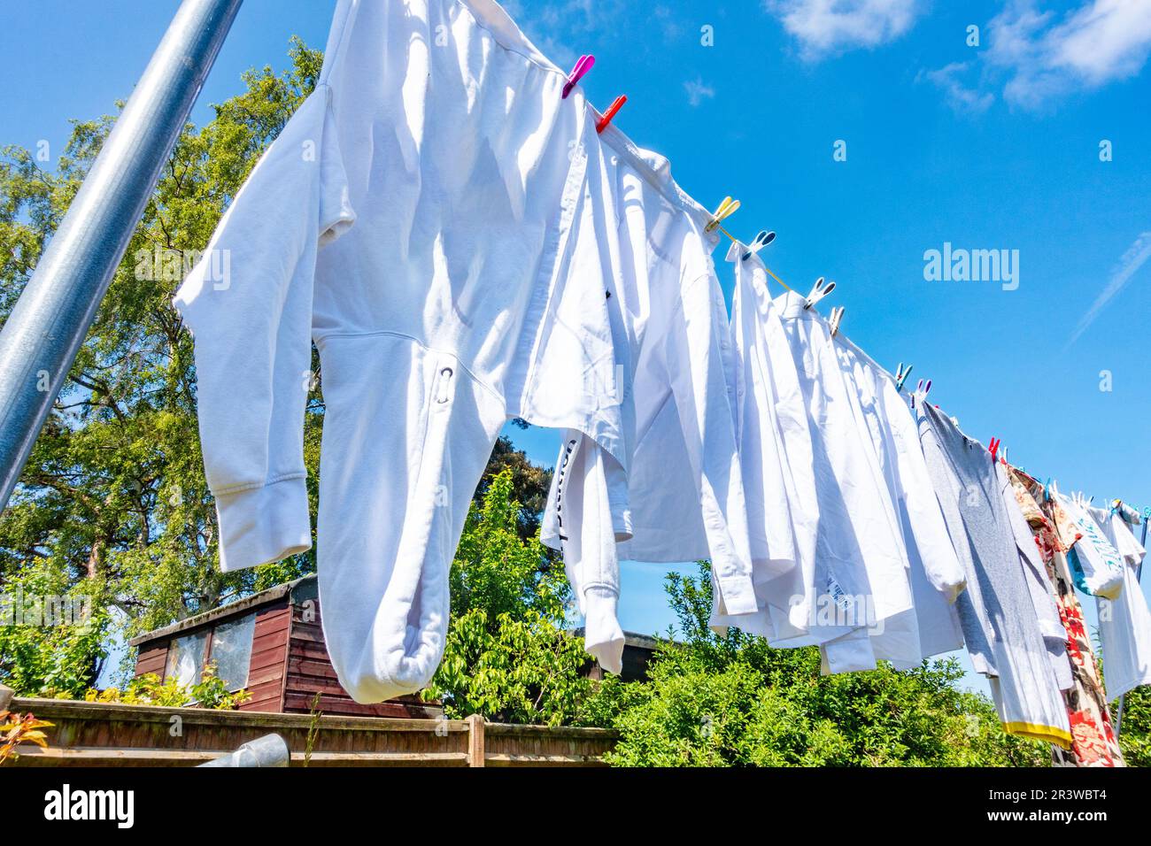 Kleidung, hauptsächlich weiße Hemden, hängt an einer Wäscheleine in einem Wohngarten, um an einem hellen, sonnigen Tag mit blauem Himmel zu trocknen Stockfoto