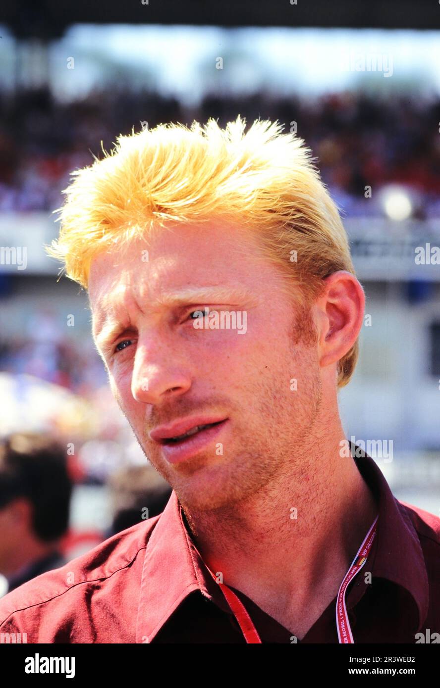 Porträt vom deutschen Tennisspieler Boris Becker zu Besuch bei der Formel 1. Stockfoto