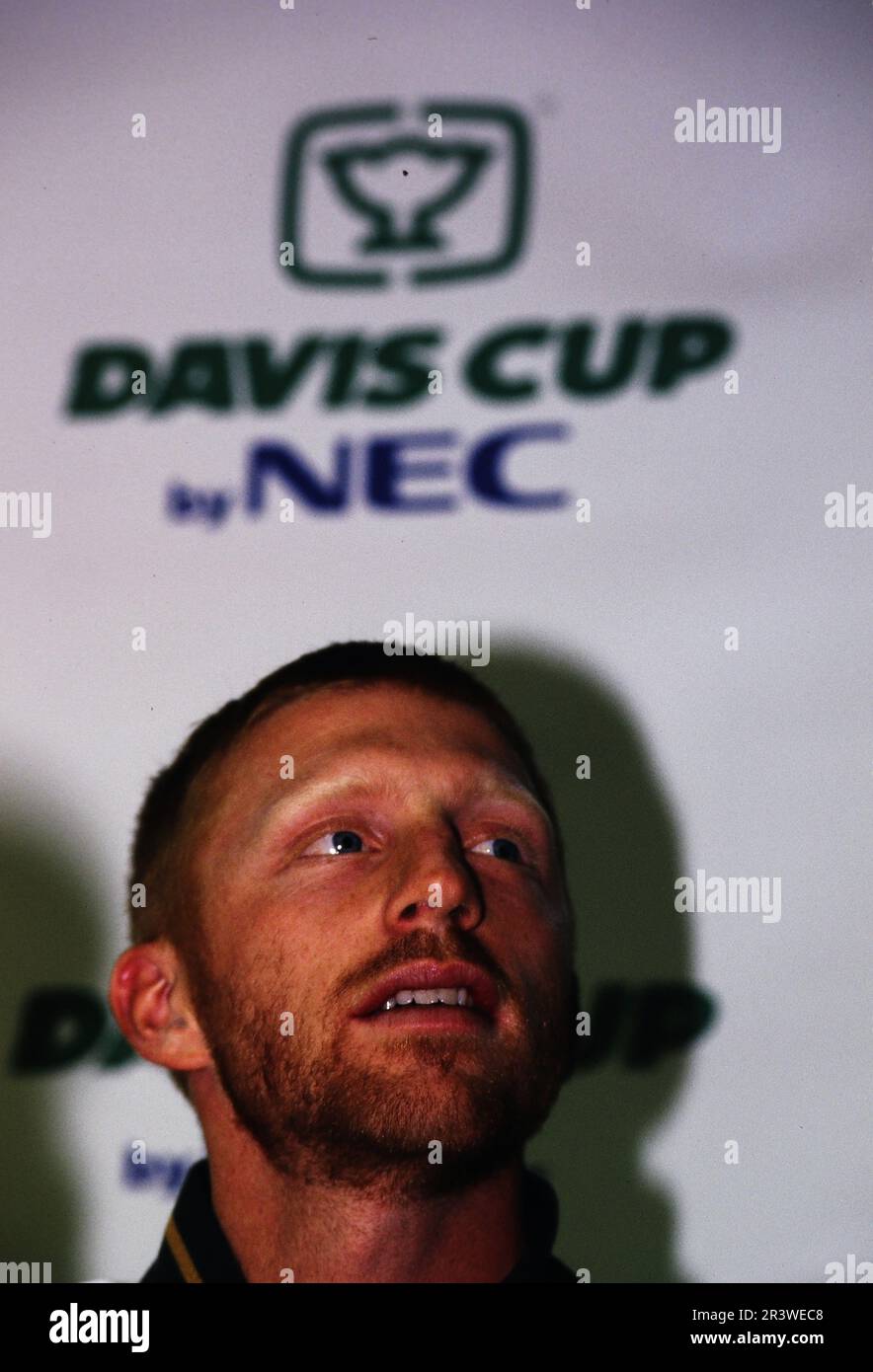 Boris Becker, deutscher Tennisspieler, Porträt bei einer Pressekonferenz beim Davis Cup. Stockfoto